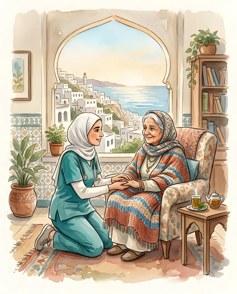 Aquarelle : une infirmière tient la main d'une grand-mère chez elle, à Alger